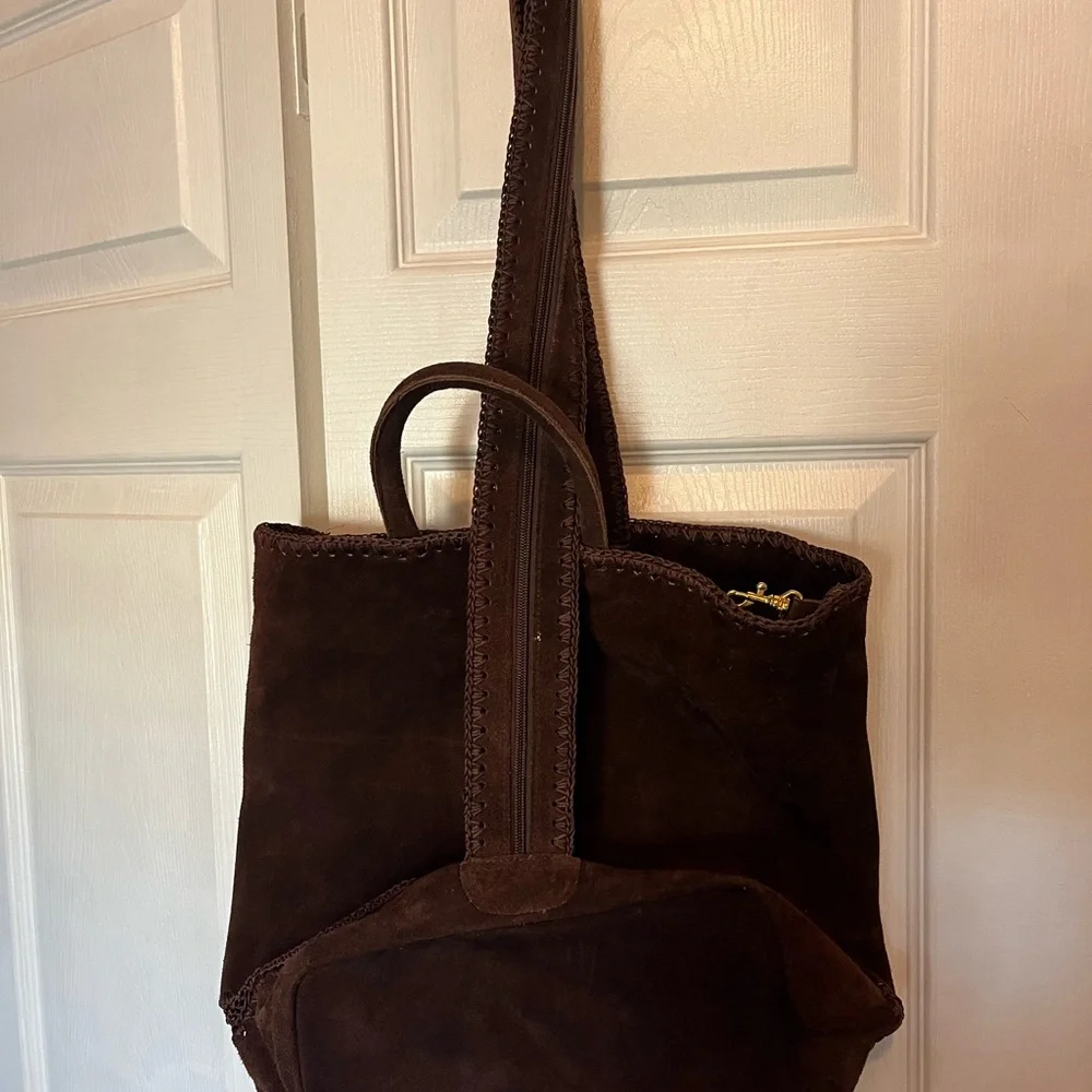 Brown Suede Tote Bag with Pouch